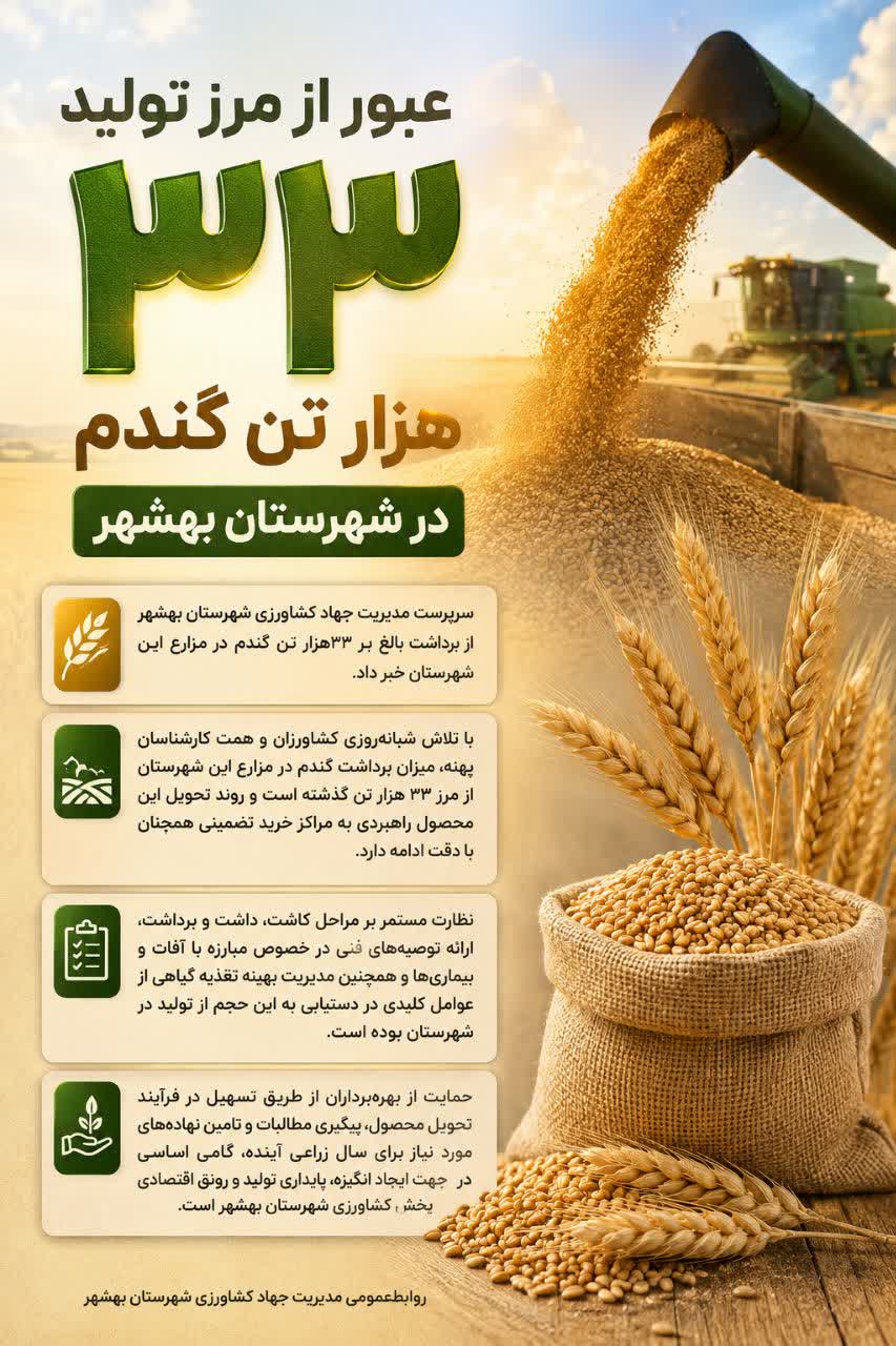 عبور از مرز تولید ۳۳ هزار تن گندم در شهرستان بهشهر